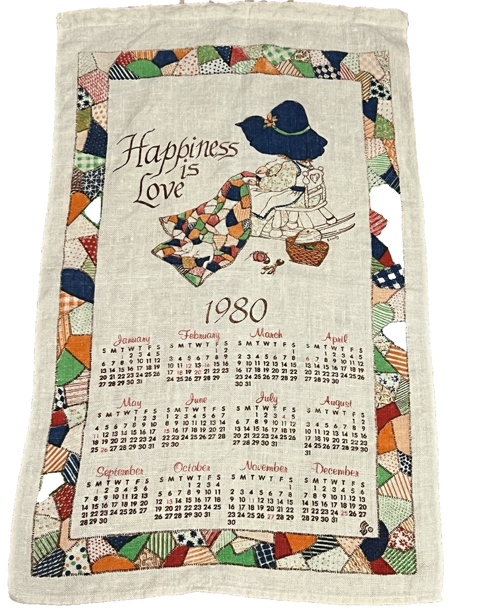 1980 Linen Towel Calendar Sunbonnet Sue Quilter Patchwork Vintage Wall Hanging